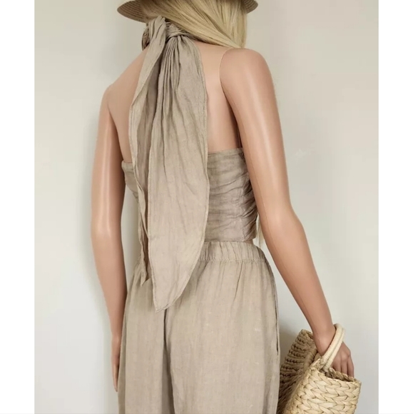 ZARA HALTER TOP SMOCKED BACK THICK STRAPS LINEN DARK BEIGE CROOPED TOP LARGE - Picture 5 of 16
